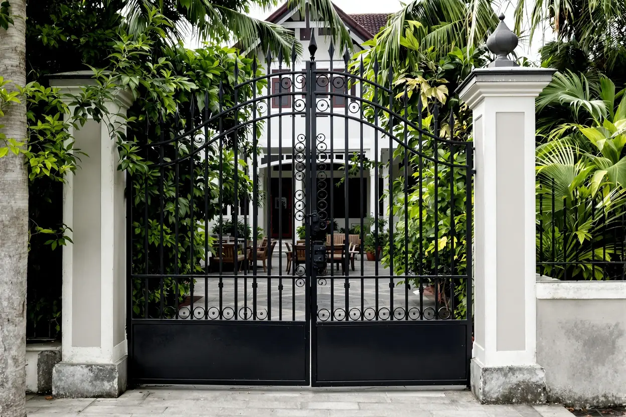 Black wrought-iron style double gate with scrolls