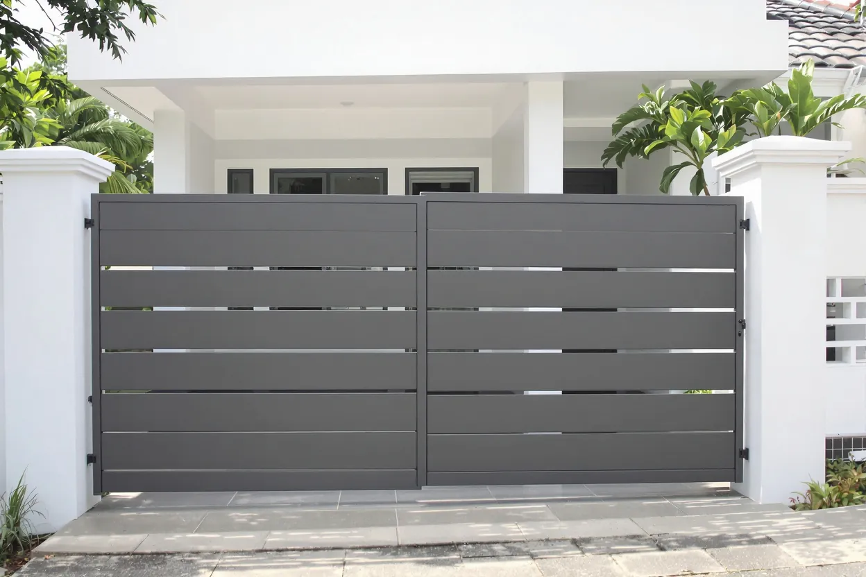 Modern charcoal steel gate with horizontal slats