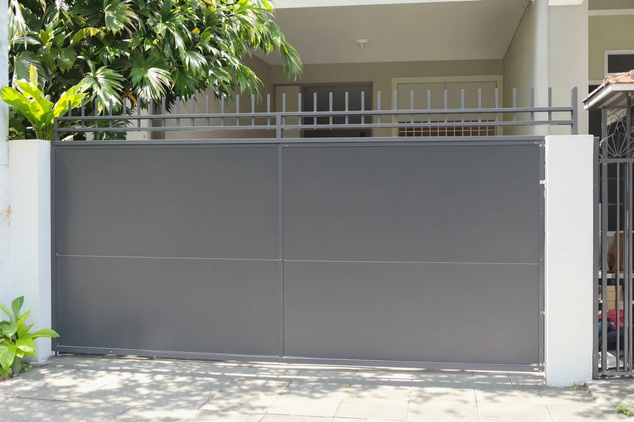 Grey sliding gate covered with solid steel sheet