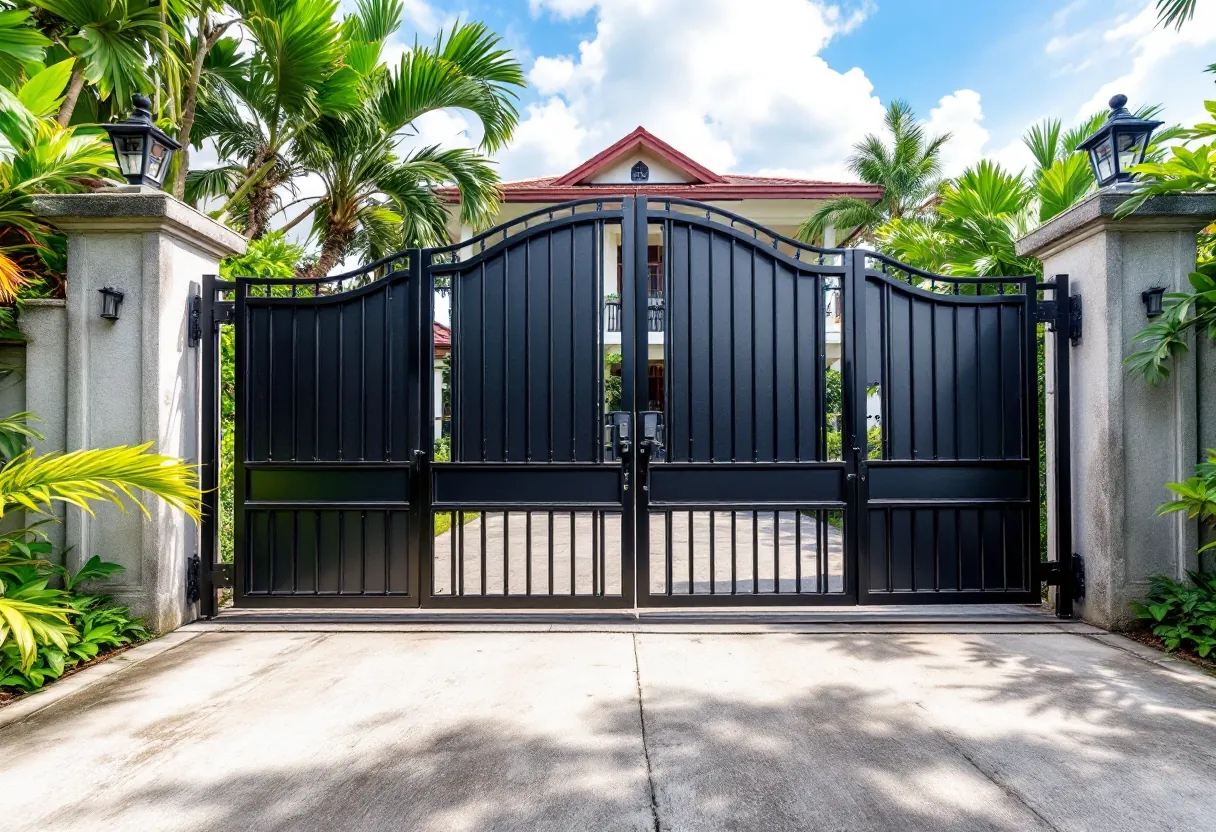 Black double swing gate with an arched top between concrete pillars with lamps