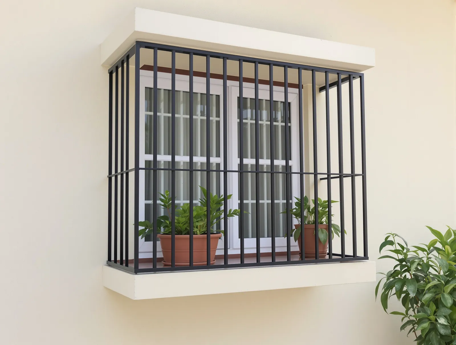 Box-type window grill sticking out from the wall with potted plants inside