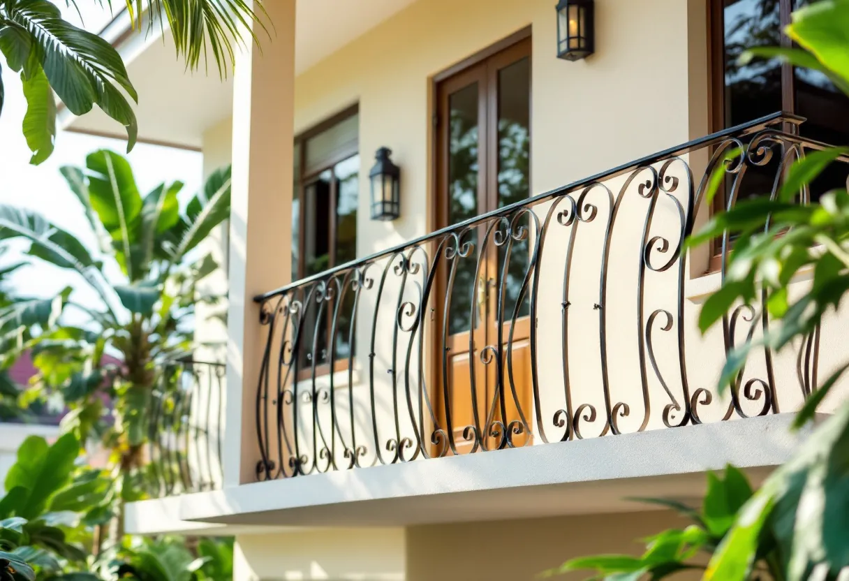 Classic black wrought-iron style balcony railing with scrolls on a cream house