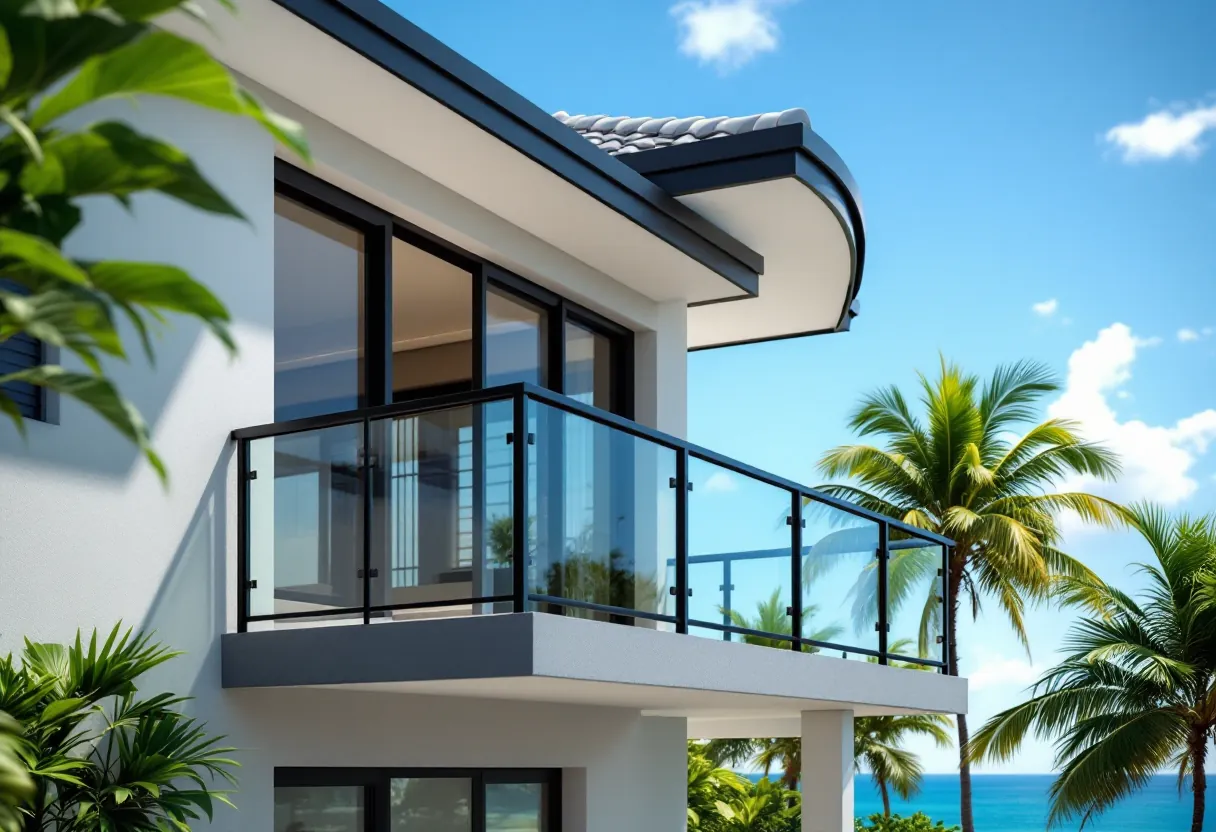Balcony railing of clear glass panels between black steel posts and a steel top rail