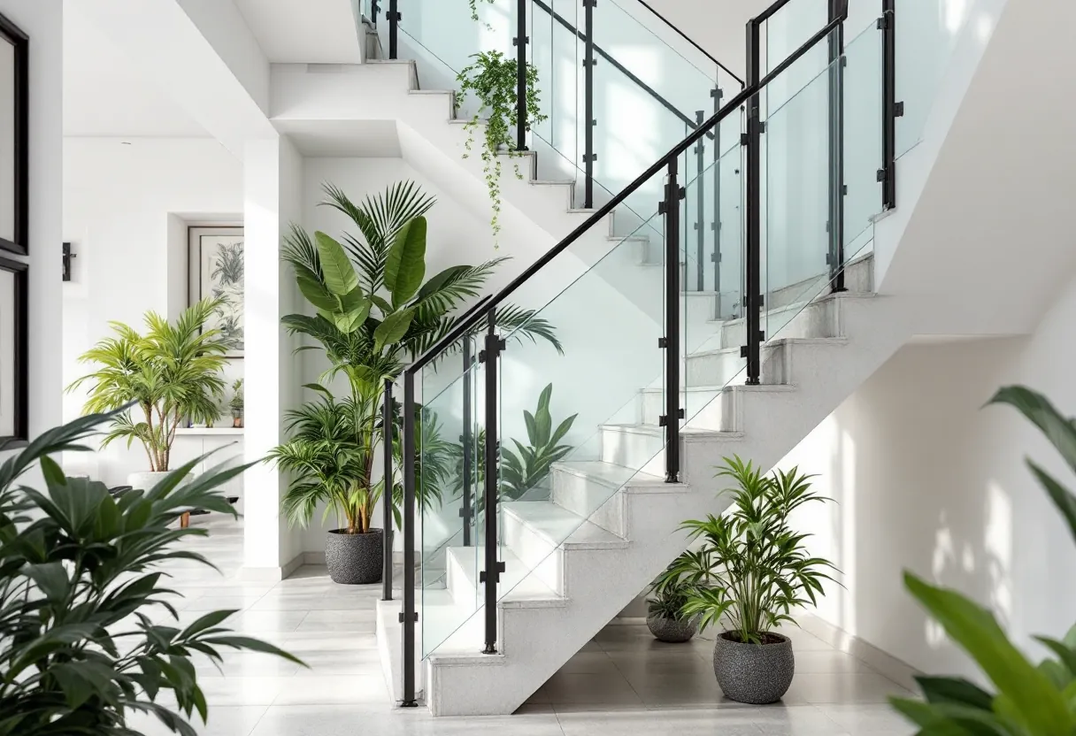 Indoor staircase with a railing of glass panels, black steel posts and a steel handrail