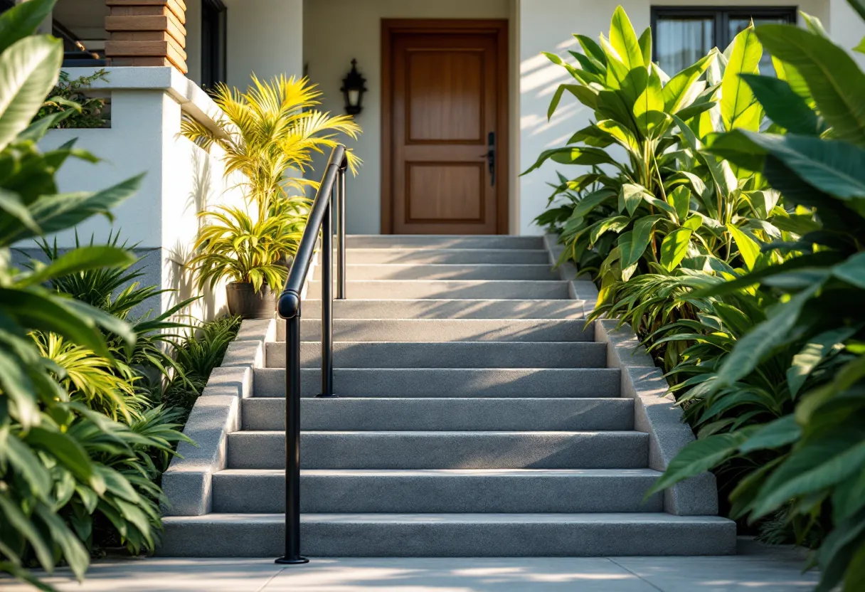 Single black steel pipe handrail along concrete steps to a front door