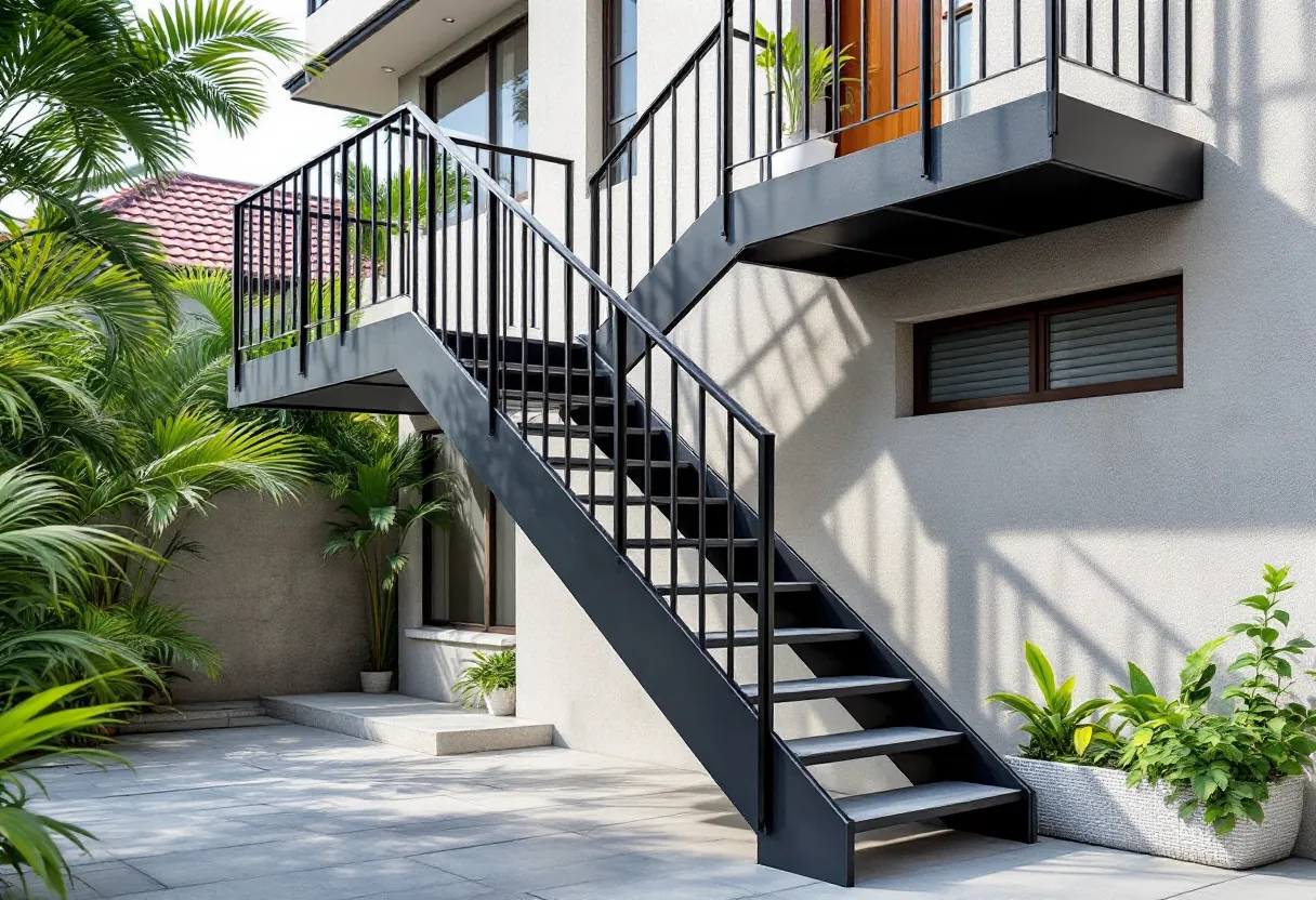 Outdoor steel staircase with steel steps and a vertical-bar railing on the side of a house