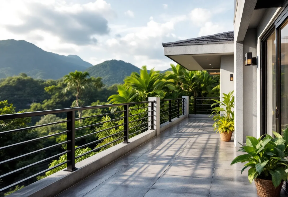 Modern black steel terrace railing of horizontal bars on a roof deck facing green hills