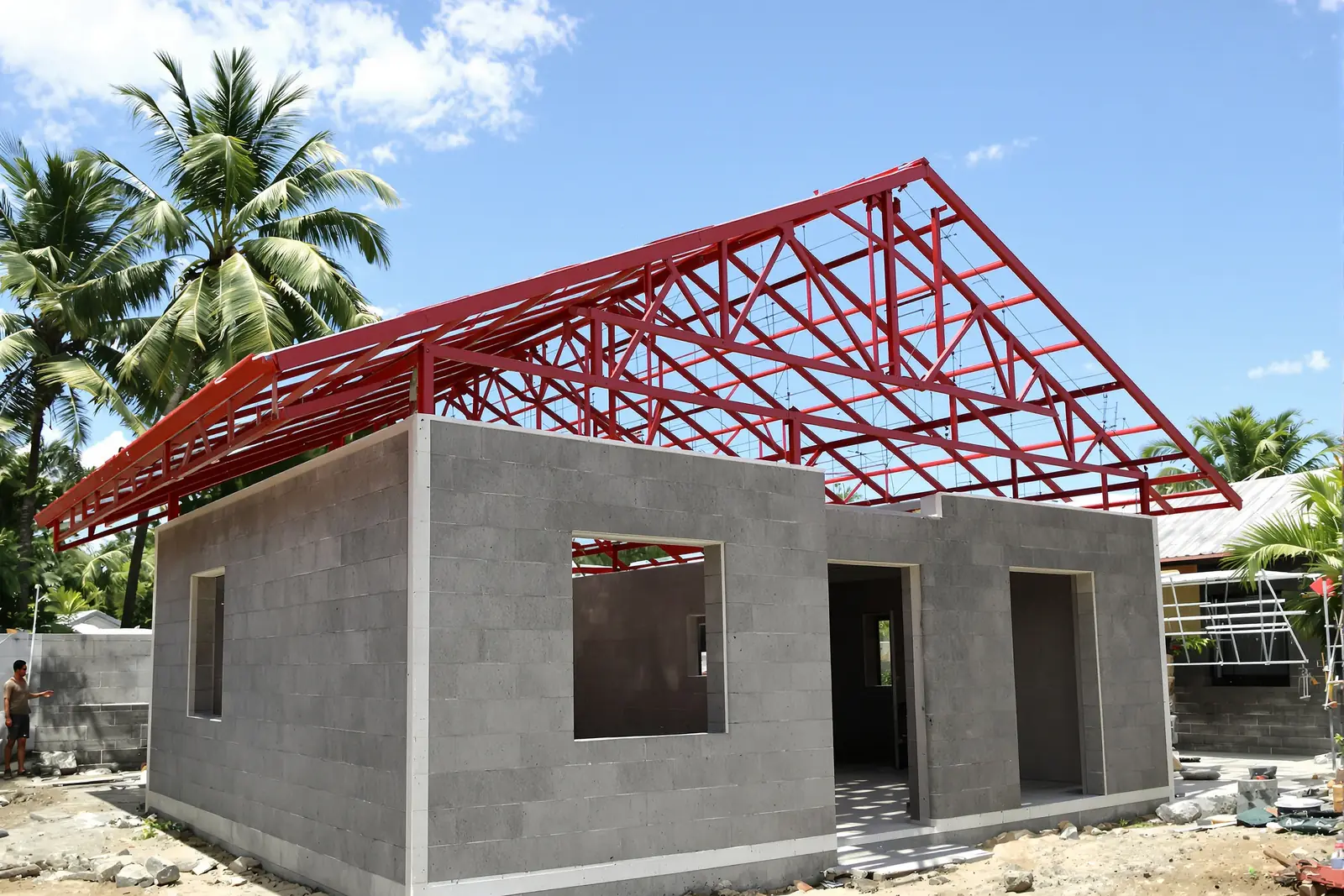 Steel roof trusses on a house under construction