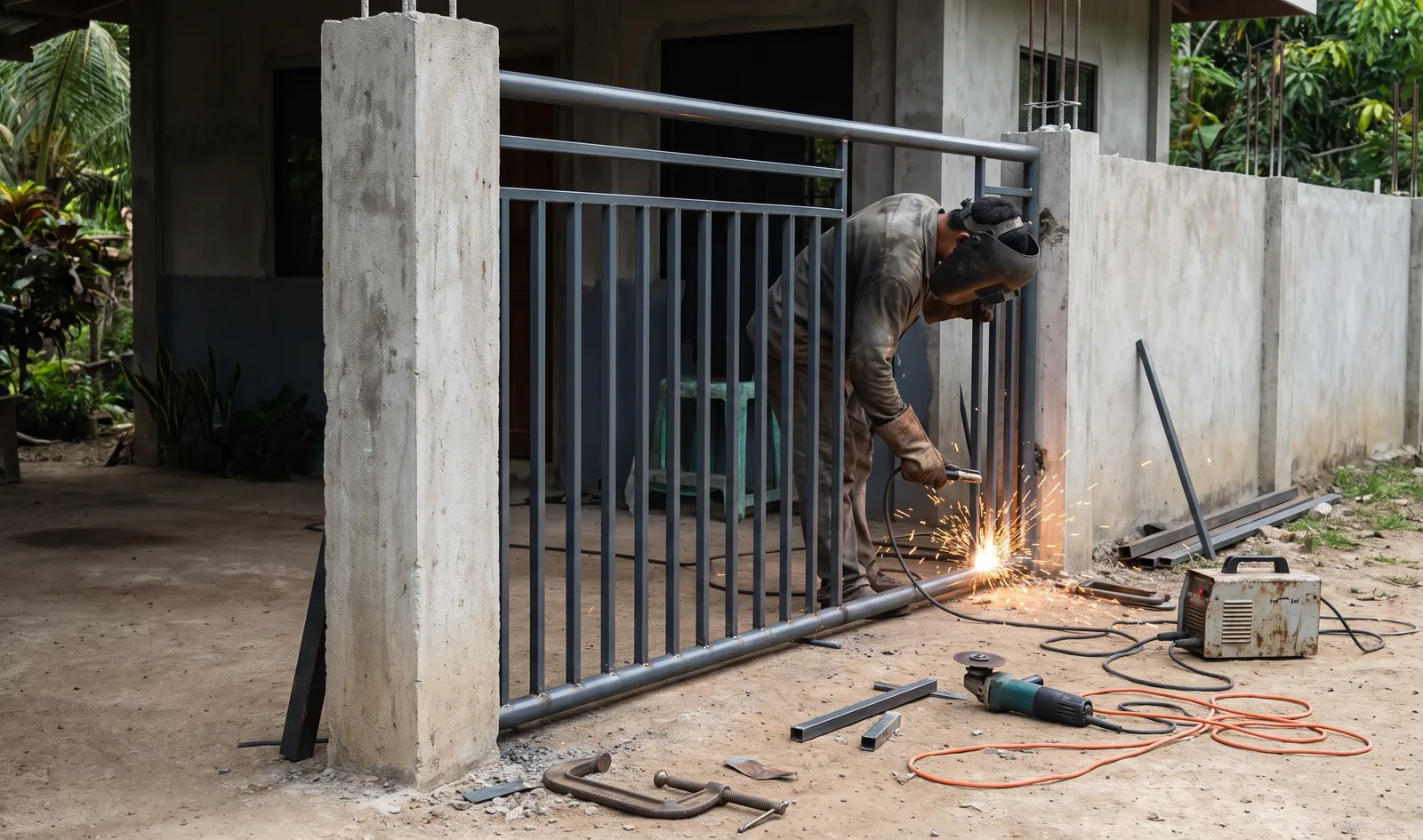 Welder welding a steel gate between fence pillars at a house in southwest Cebu