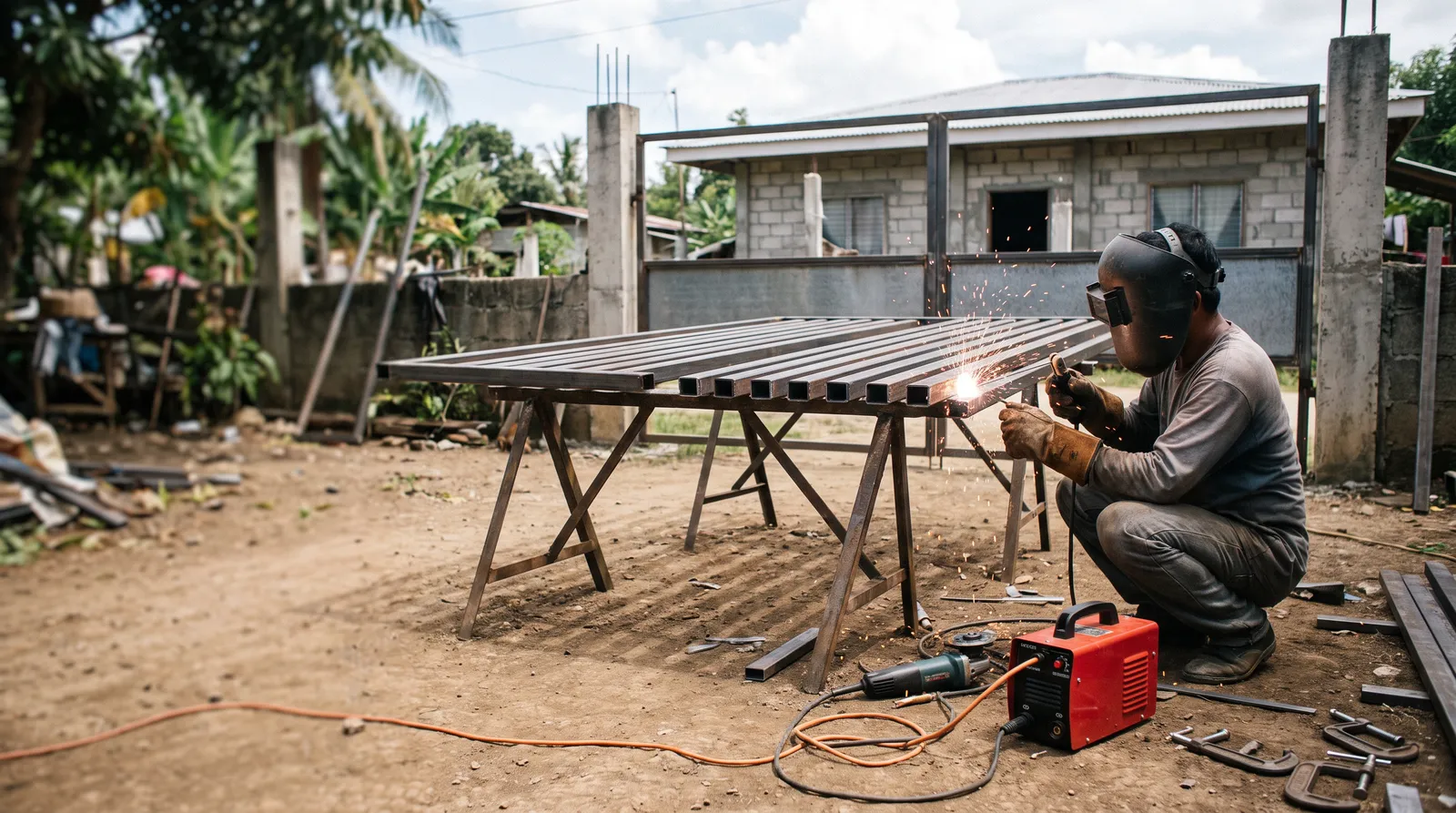 Welder na nagwe-weld ng tubular na gate sa daanan sa southwest Cebu