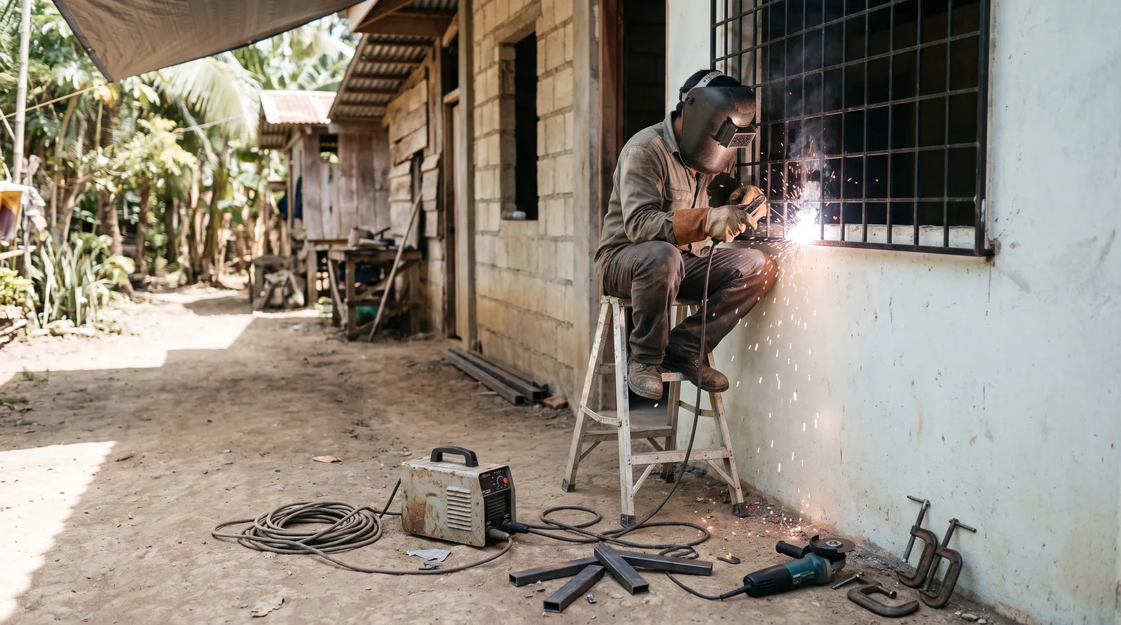 Welder sa hagdan-hagdanan na nagwe-weld ng window grill sa pader ng bahay sa southwest Cebu