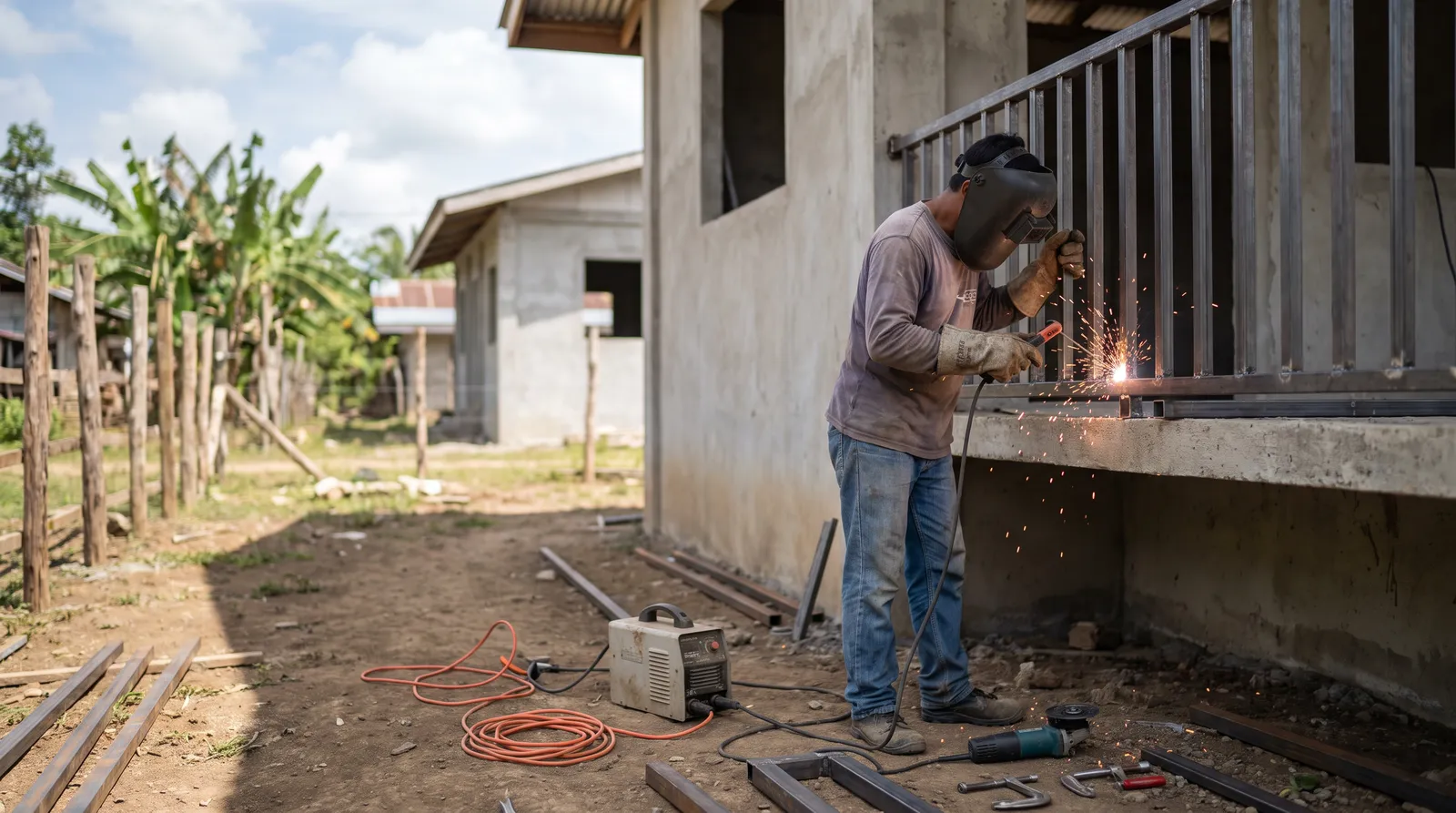 Welder welding steel railing posts on site at a house in southwest Cebu