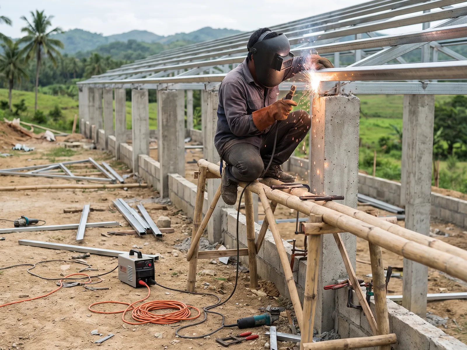 Welder na nagwe-weld ng truss sa ginagawang manukan sa southwest Cebu